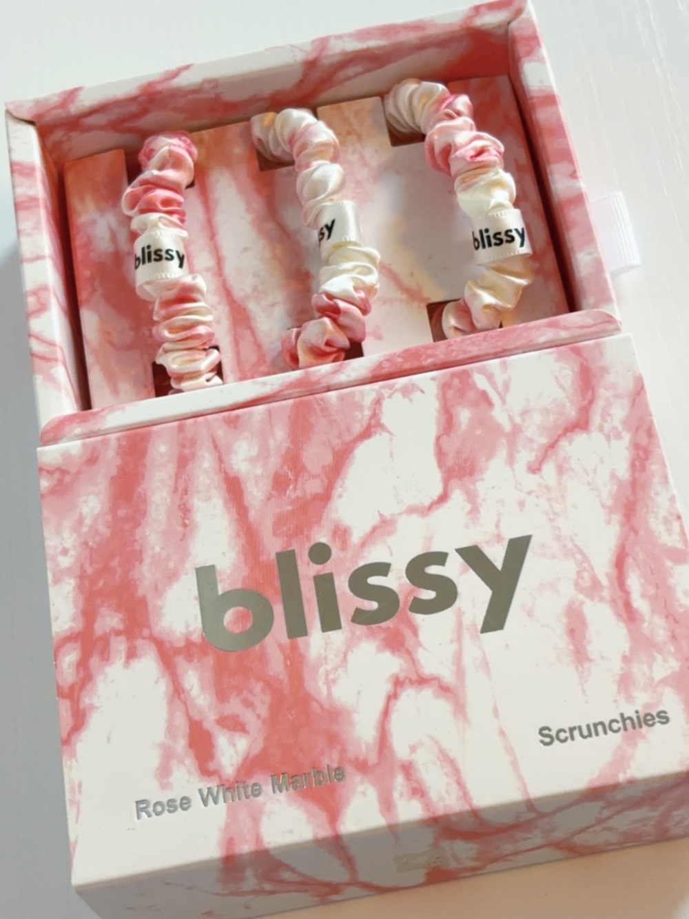 Blissy Silk Skinny Scrunchies - Rose White Marble